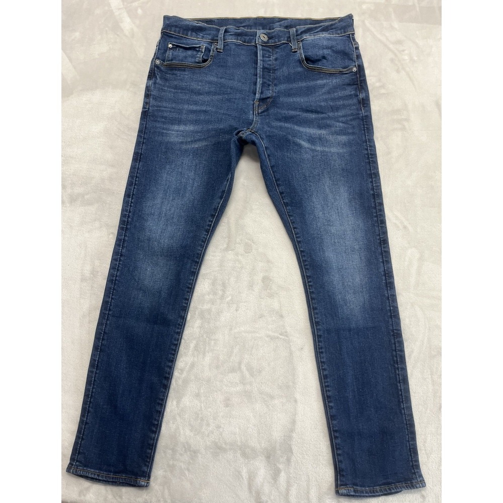 G-Start Jean Men 31x28 Blue Wash 3301 Slim Fit Stretch Whisker Button Fly Preppy